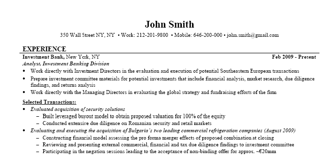 Investment Banking Resume Example